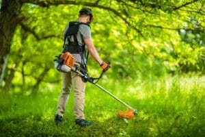back,shoot,of,a,man,mowing,the,grass.,tranquil,scene